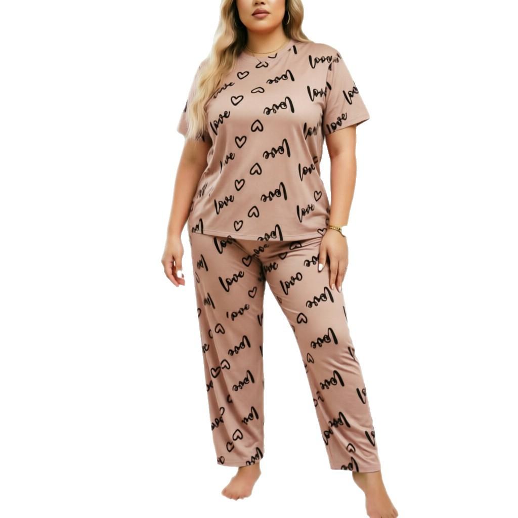 European and American Style Large Size Fat Woman Fat Man Loungewear Enlarged and Fattened Love Round Neck Short Sleeve Trousers Women's Pajama Set