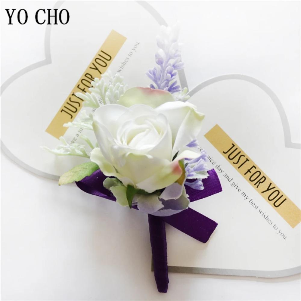 YO CHO Wedding Corsages Flower Groom Boutonniere Purple Silk Rose Man Brooches Wedding Bridesmaids Bracelet Wrist Corsage Flower