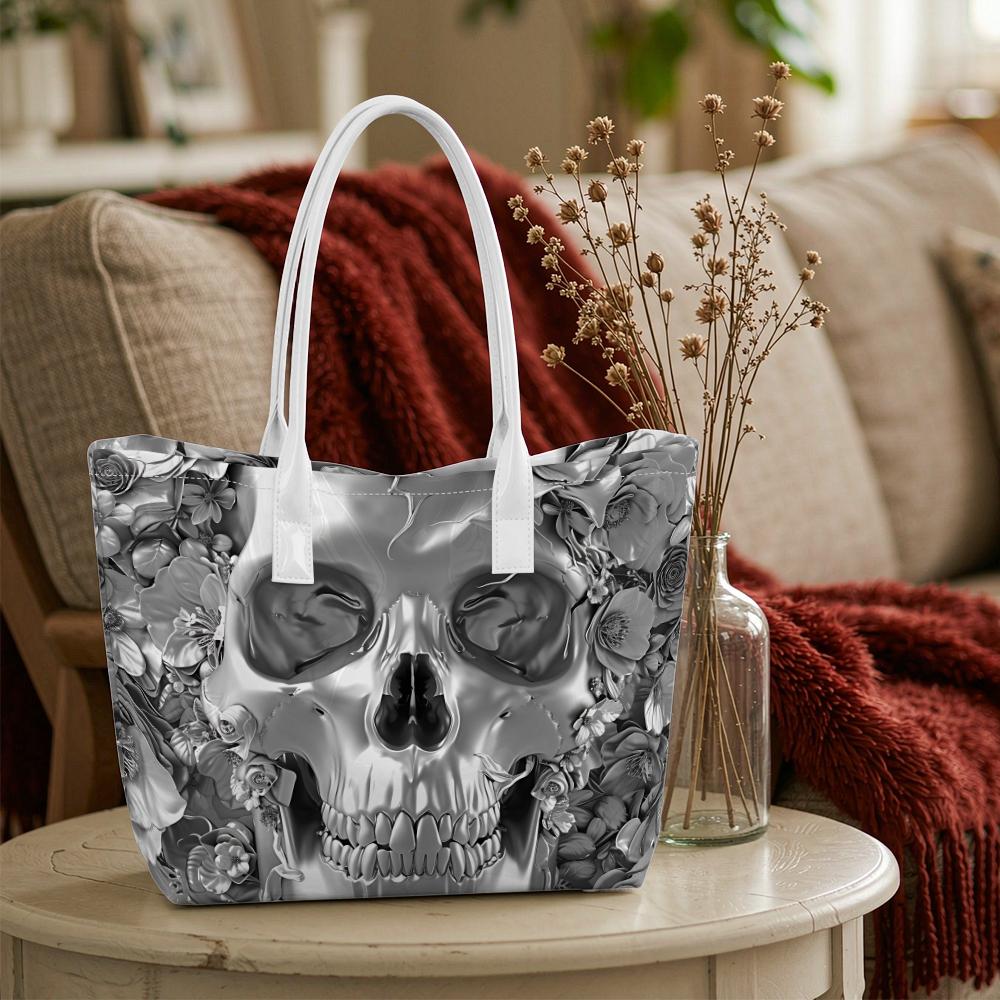 Grey Skull Floral Casual Tote Bag Portable Daily Handbag Fashion Versatile Shoulder Bag