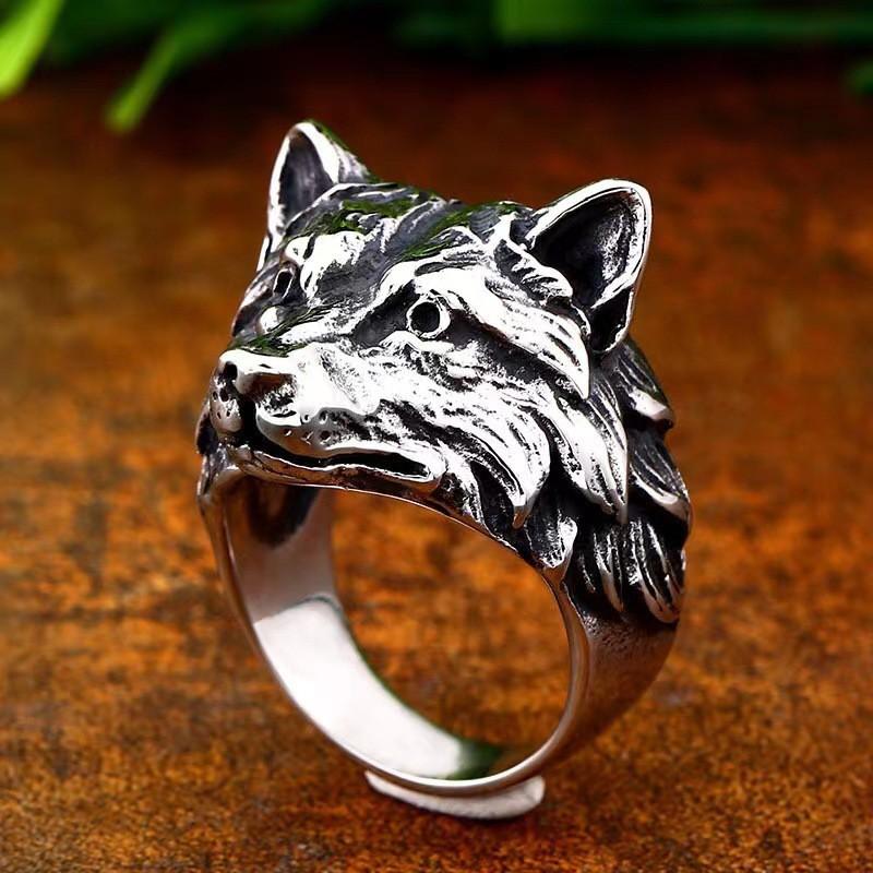 Anello Testa di Lupo Vintage Uomo Donna Fascia Aperta Regolabile Argento Sterling Retro Punk Hip Hop Gioiello Statement