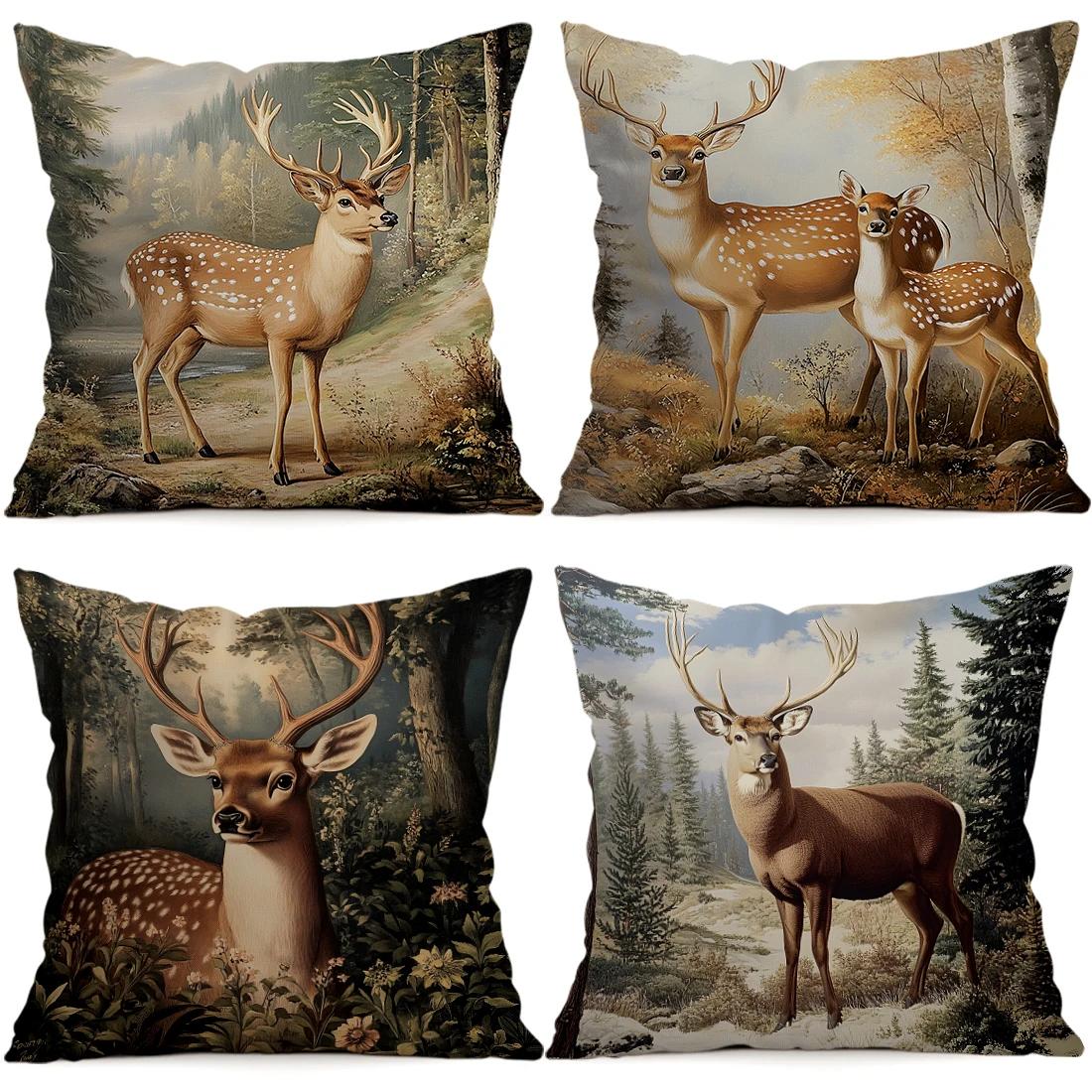 1 stuks/4 stuks Retro Bos Herten Kussens Kussensloop Polyester Kussenhoes Sierkussen Kussenhoes Huis Auto Bank Decor 45x45cm