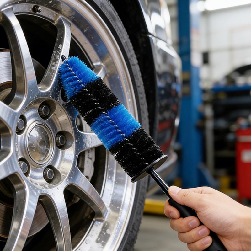 Long-Handle Bent Bristle Brush for Tire, Wheel, Engine, and Interior Cleaning