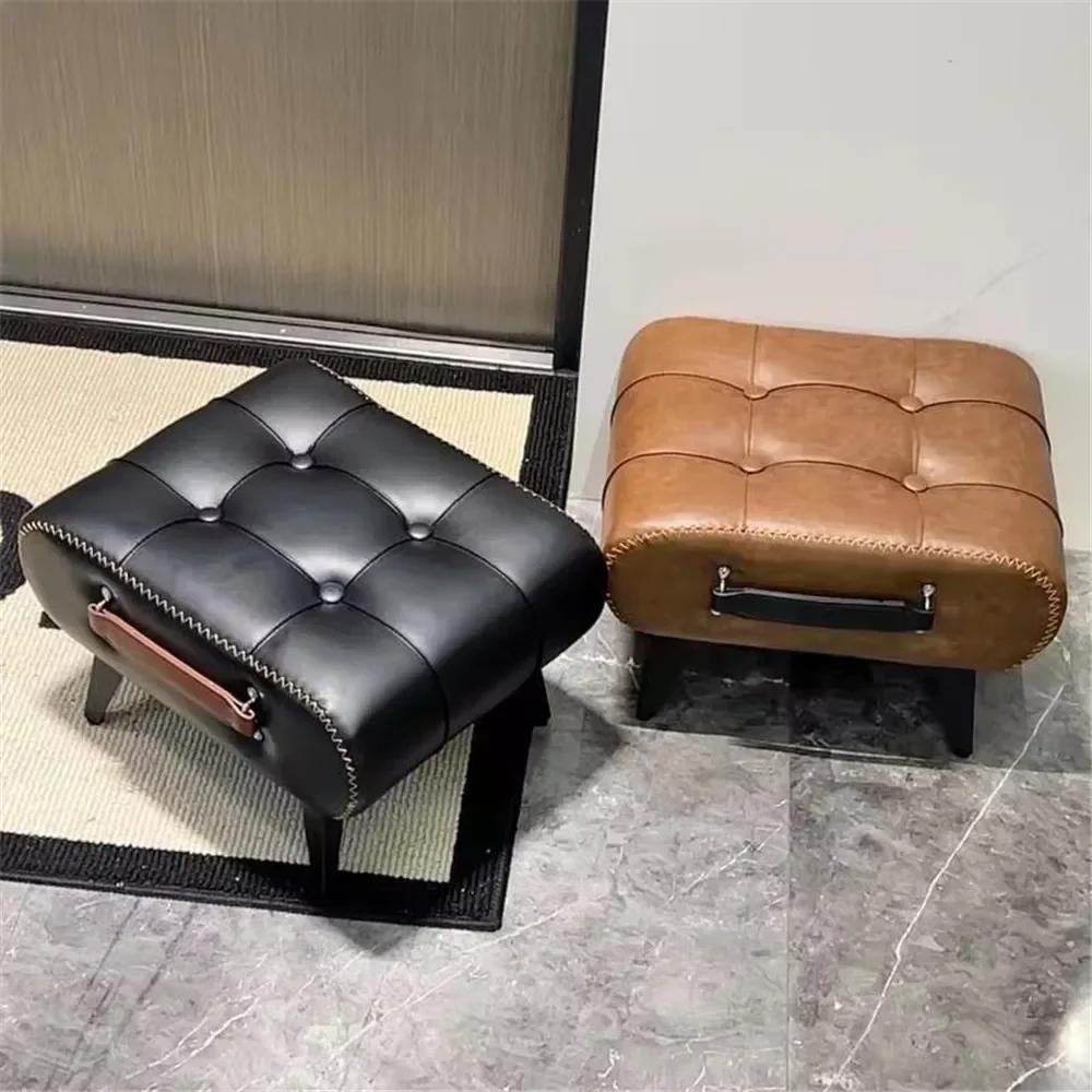 Nordic Light Luxury Leather with Handle Shoe Changing Stool Protable Foot Step Stool Furniture Ottoman for Living Room Bedroom