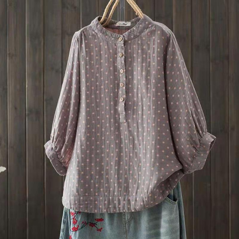 Short-sleeved Double-layer Cotton Yarn Shirt Women's Large Size Pullover Shirt Thin Stand-up Collar Shirt