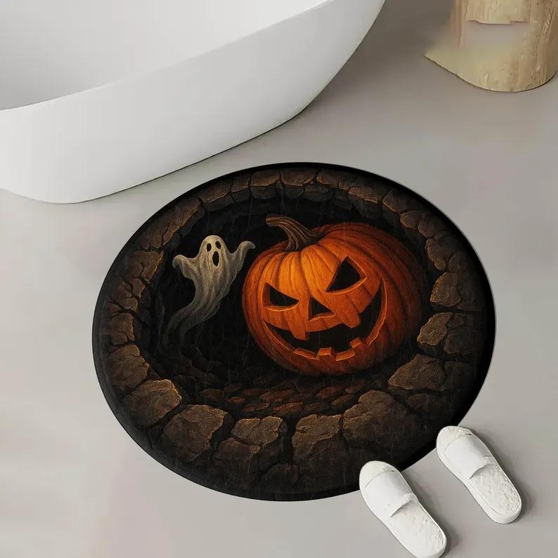Halloween 3D Skeleton Man In Stone Hole Horror Night Round Carpet Horror Castle Pumpkin Bat Pattern Anti Slip Mat Gift