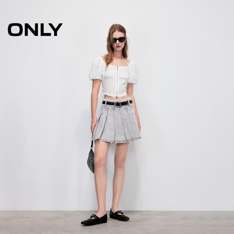 Only Women's Washed Denim A-Line Pleated Mini Skirt