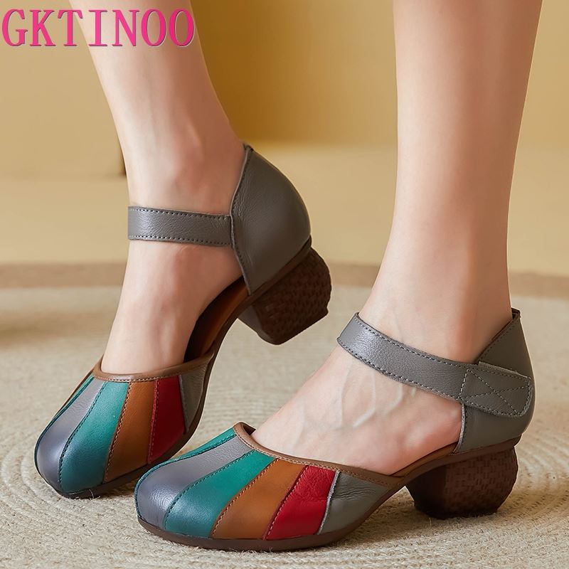 Fashion GKTINOO Genuine Leather Retro High Heels Sandals Women Shoes Buckle Strap 2025 New Spring Summer Lady Platform Sandals