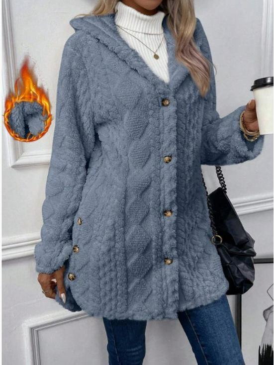 2025 Autumn/Winter Women's Warm Plush Hooded Cardigan - Button-Up Solid Color Coat