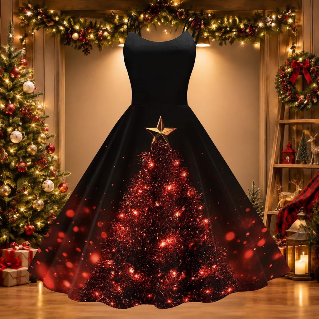 Damen Weihnachtsdruck Off-Shoulder Vintage Kleid