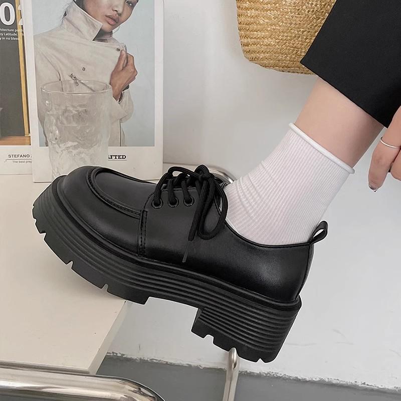 Thick Heel Heightened Thick Sole Small Leather Shoes Women's Spring and Summer Retro Lace-up Single Shoes Round Head Women's Shoes
