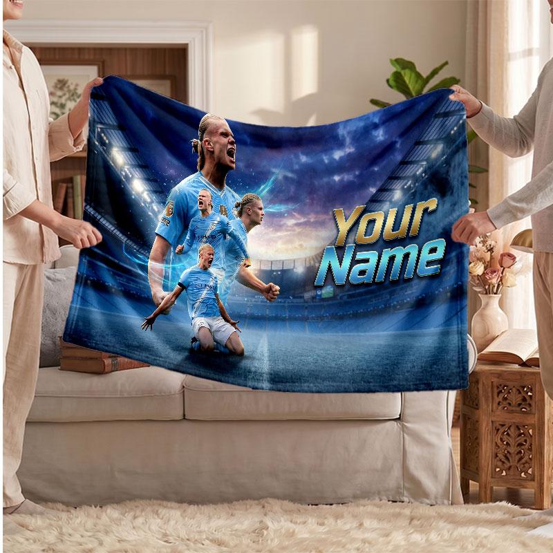 Erling Haaland Personalisierte Fleecedecke Mit Fußballlogo, Individueller Name Text Weich Warm Wohnzimmer Überwurfdecke