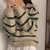 Maglione a Maglia a Righe con Collo a Polo Retrò Chic Coreano 2024 per Donna - Top a Manica Lunga Autunno/Inverno