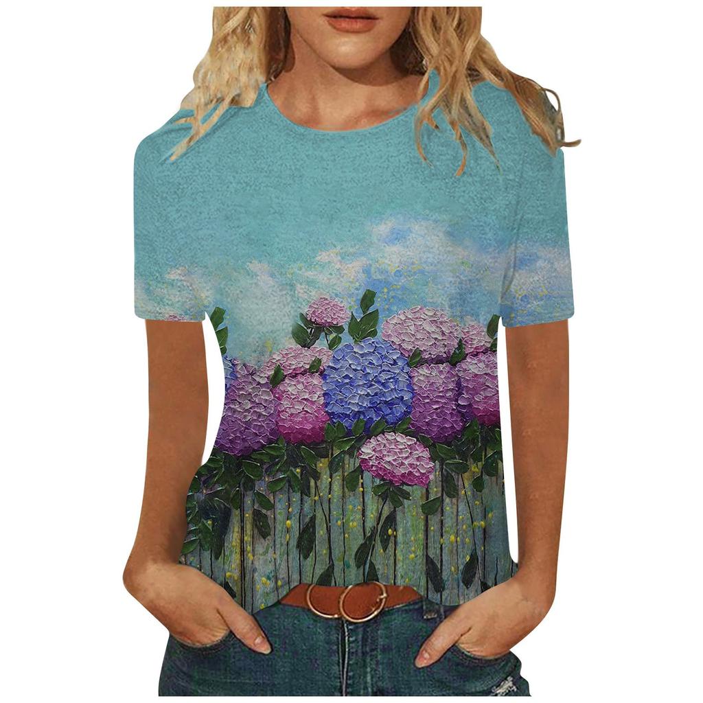 Women's Fashion Casual Comfortable Printed O-Neck Short Sleeve Top Blouse