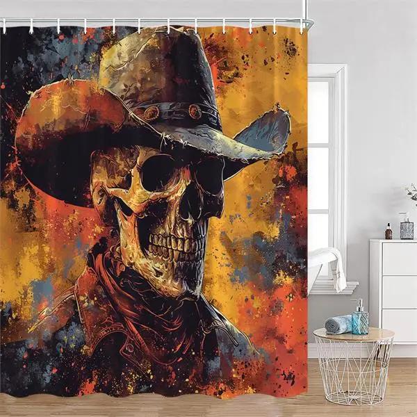 Floral Skull Shower Curtain Red Rose Flowers Skeleton Horror Halloween Bath Curtains Polyester Home Bathroom Decor with Hooks