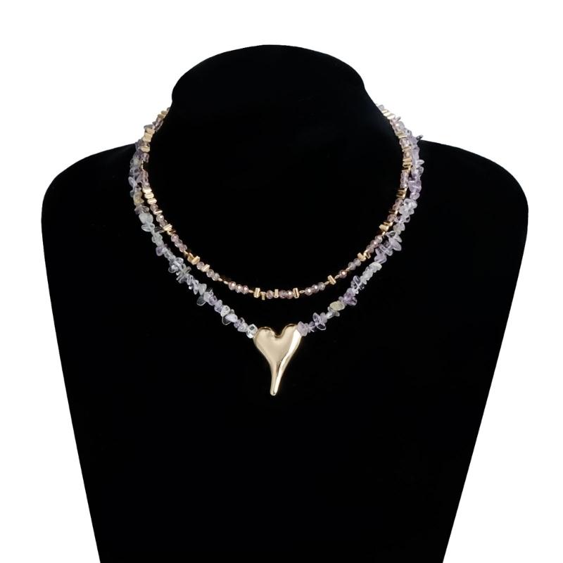 Fashionable Natural Stone Heart Pendant Necklace Adjustable Length Neckchain Lightweight Jewelry For Casual Or Party
