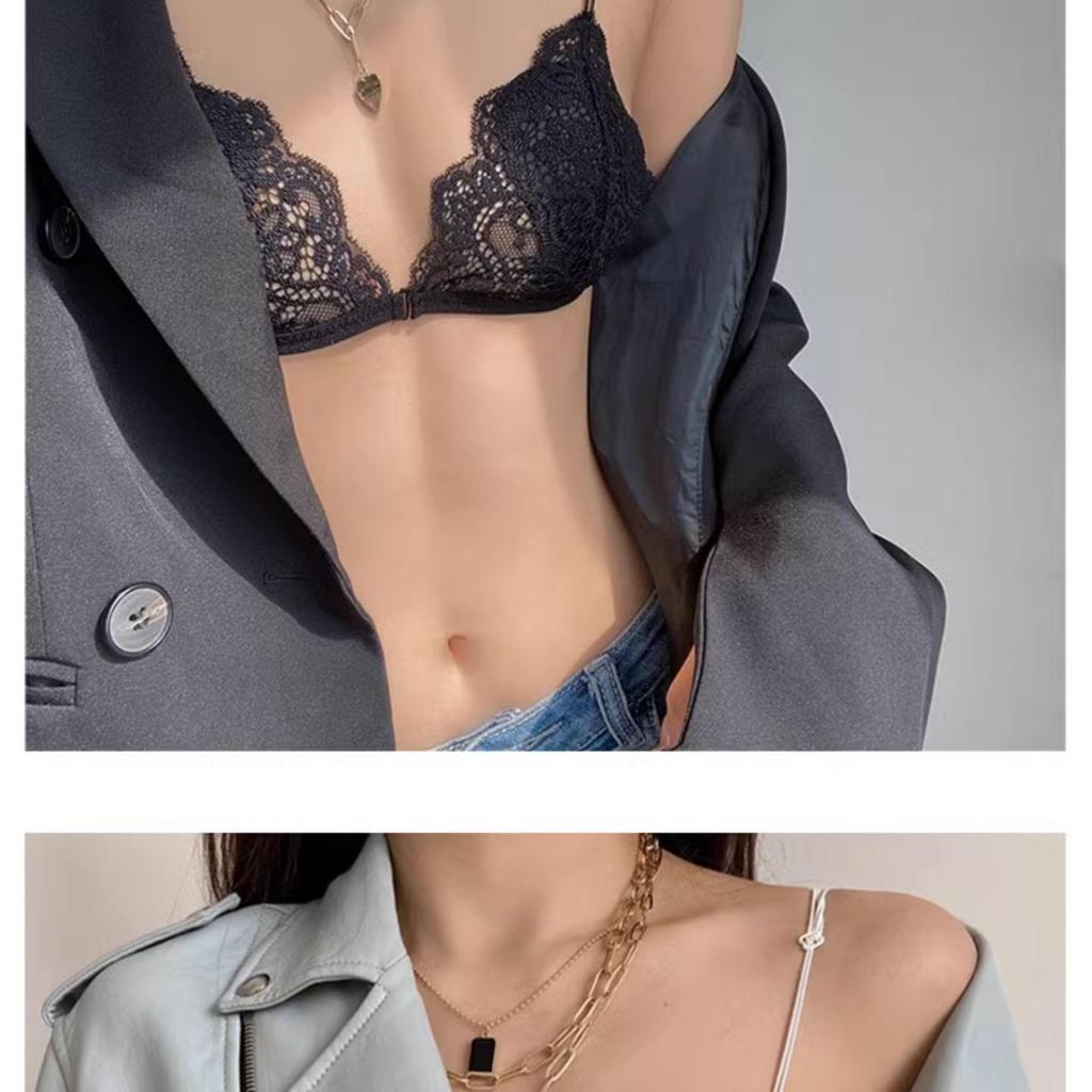 Dámská bezdrátová ultratenká podprsenka s trojúhelníčkovými košíčky z francouzské krajky se zapínáním vpředu