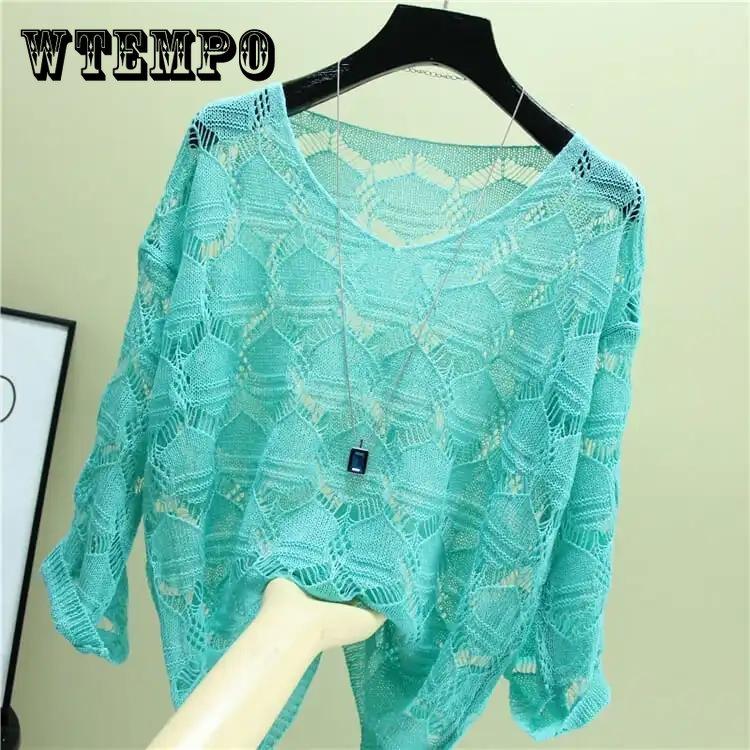 

Вязаный свитер с полой волной, летний пуловер, тонкая свободная солнцезащитная рубашка, женская перспективная однотонная верхняя свободная блузка для женщин