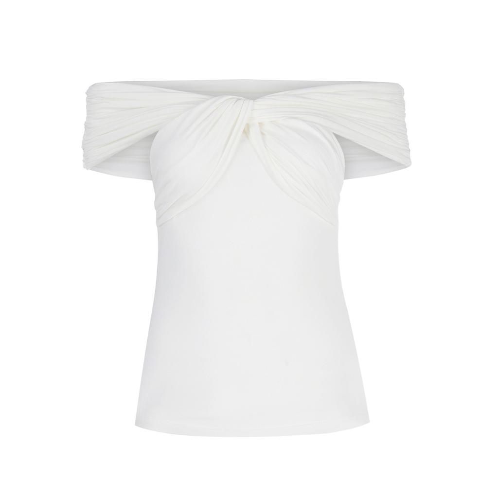 One-Shoulder T-Shirt Summer Street Trend Hot European And American Top Pleated V-Neck Off-Shoulder Short-Sleeved T-Shirt