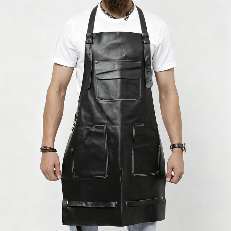 Unisex PU Leather Work Apron Waterproof Multi-Pocket Barista Chef Cafe