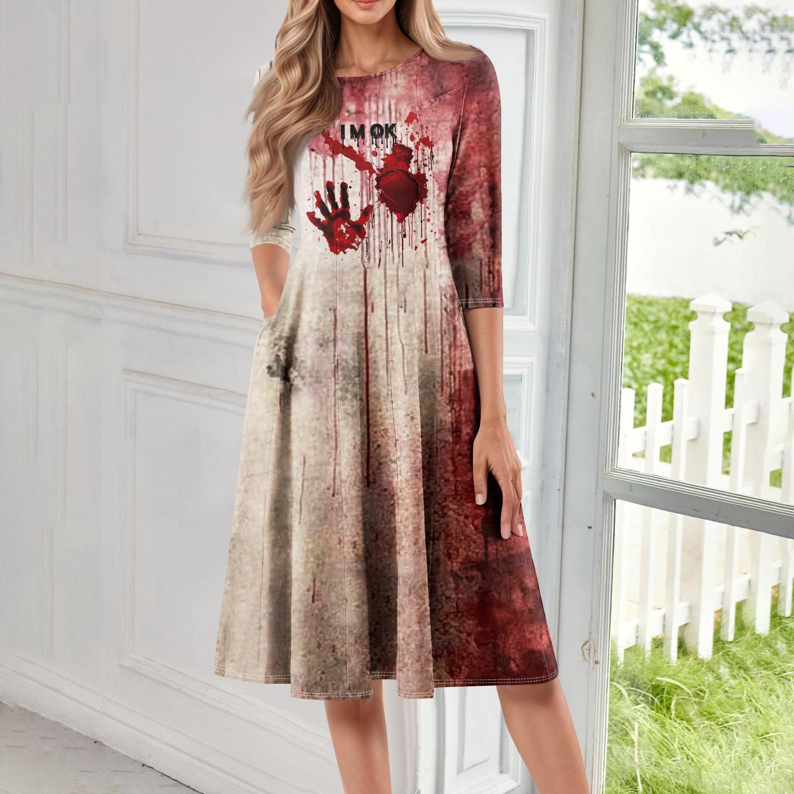 

Женское повседневное модное миди-платье с круглым вырезом, рукавом три четверти и принтом на Хэллоуин XL