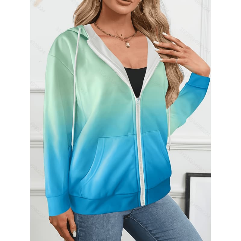 Damen Kapuzenpullover mit Reißverschluss, 3D-Druck, lange Ärmel, lässiger Sportstil