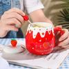 Pink Color Coffee Mug With Lid Porcelain Mug Cute Design Strawberry Mug  Breakfast Use