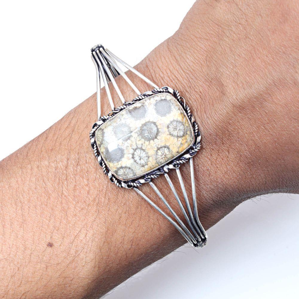 Fossil Coral Gemstone Antique Jewelry Cuff Bracelets 7''Adjustable