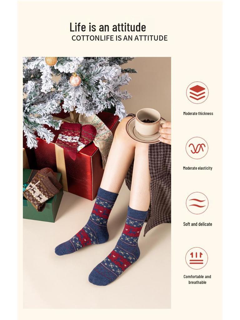 Women's Christmas Deer Wool Socks: Mid-Calf, Autumn/Winter Style, Gift Boxed