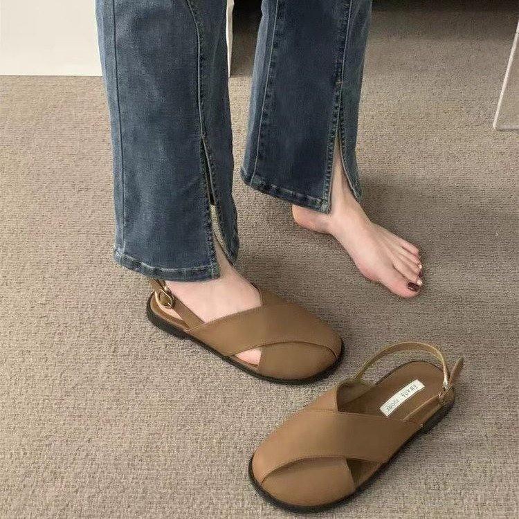 Fashion Clear Heels Female Sandal All-Match Retro Woman Shoes 2025 Summer Girls Original Fashion New Flat Closed Scandals Rome Clear Hee