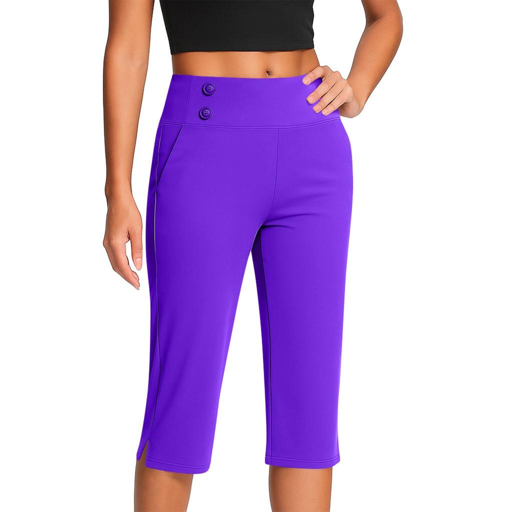 Pantalones de Moda para Mujer de Color Sólido con Bolsillos con Botones y Bajos Divididos Cintura Alta Deportes Yoga Casual Pantalones Recortados