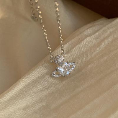 S925 Puur Zilver Saturnus Ketting Sprankelende Planeet Hanger Elegante Koreaanse Stijl Sleutelbeen Ketting