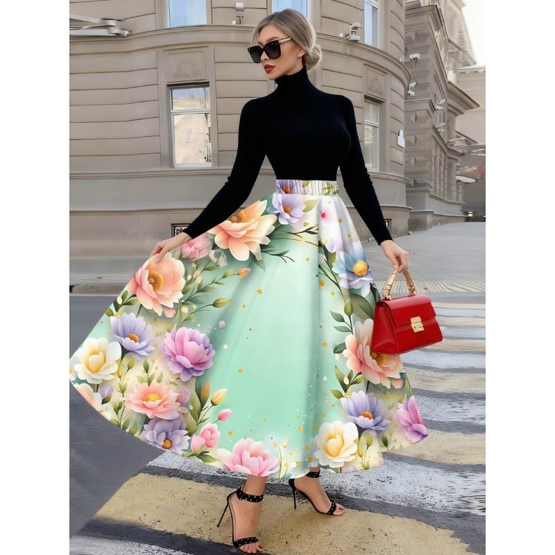 Floral Print Midi Skirt for Women Summer Vacation Style Pink A Line Skirt High Waist Elastic Waist Skirt Casual Office Wear