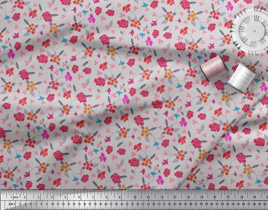 Soimoi Japan Crepe Satin Fabric Berries,Leaves & Floral Artistic Print Fabric by the Metre 42 Inch
