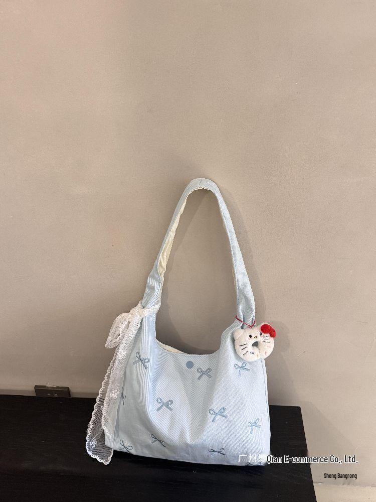 Korean Bow Embroidery Canvas Bag for Women - 2025 Large Capacity, New Style
