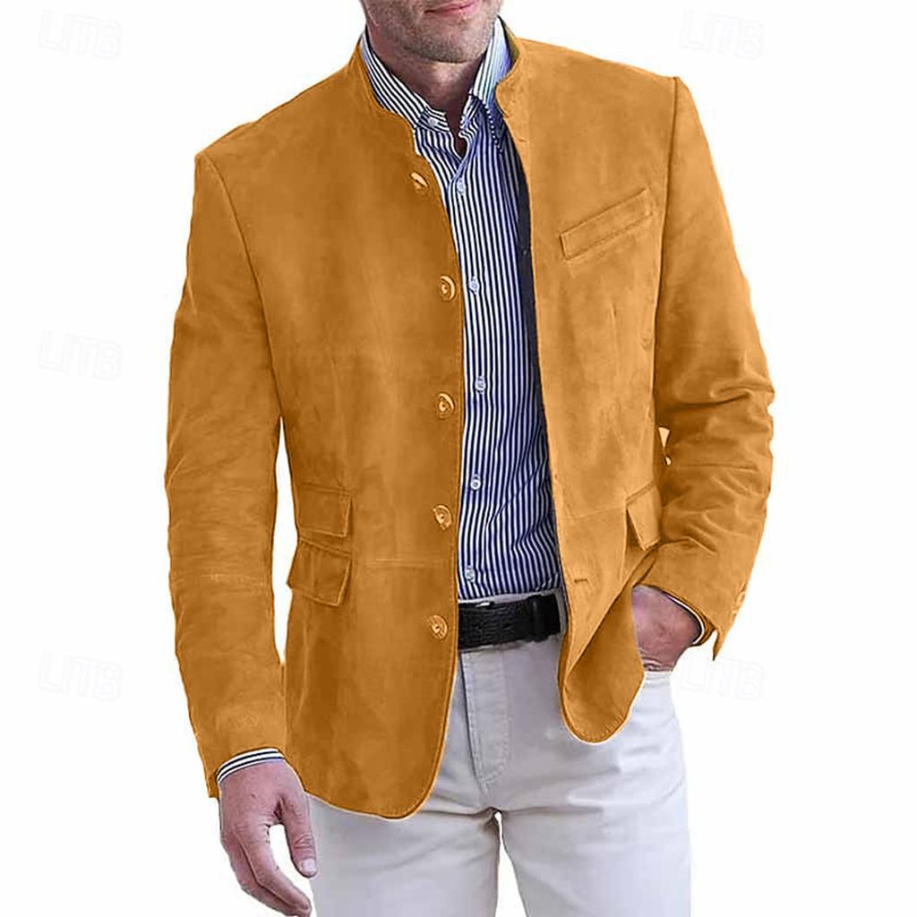 Men Stand Collar Button Front Suede Blazer Casual Slim Fit Suit Jacket with Multiple Pockets for Everyday Wear
