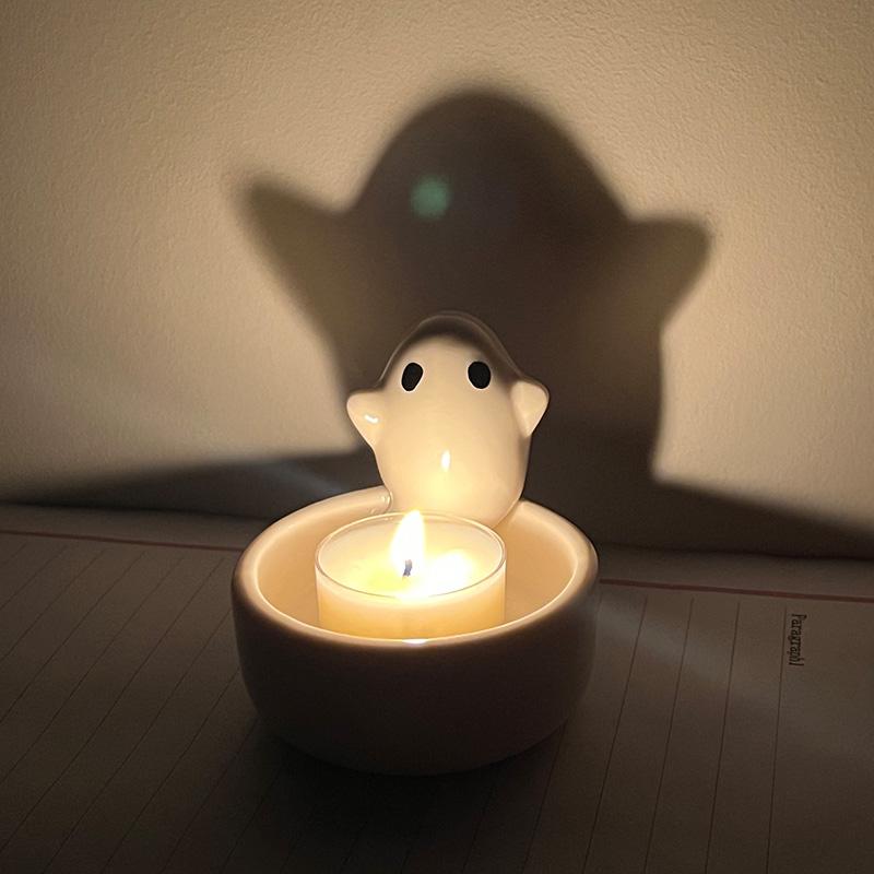 Ceramiczny Świecznik Duch Halloweenowy Uroczy Duch Duże Usta Uchwyt na Świecę Halloweenowa Świąteczna Atmosfera Dekoracja Biurka Prezent