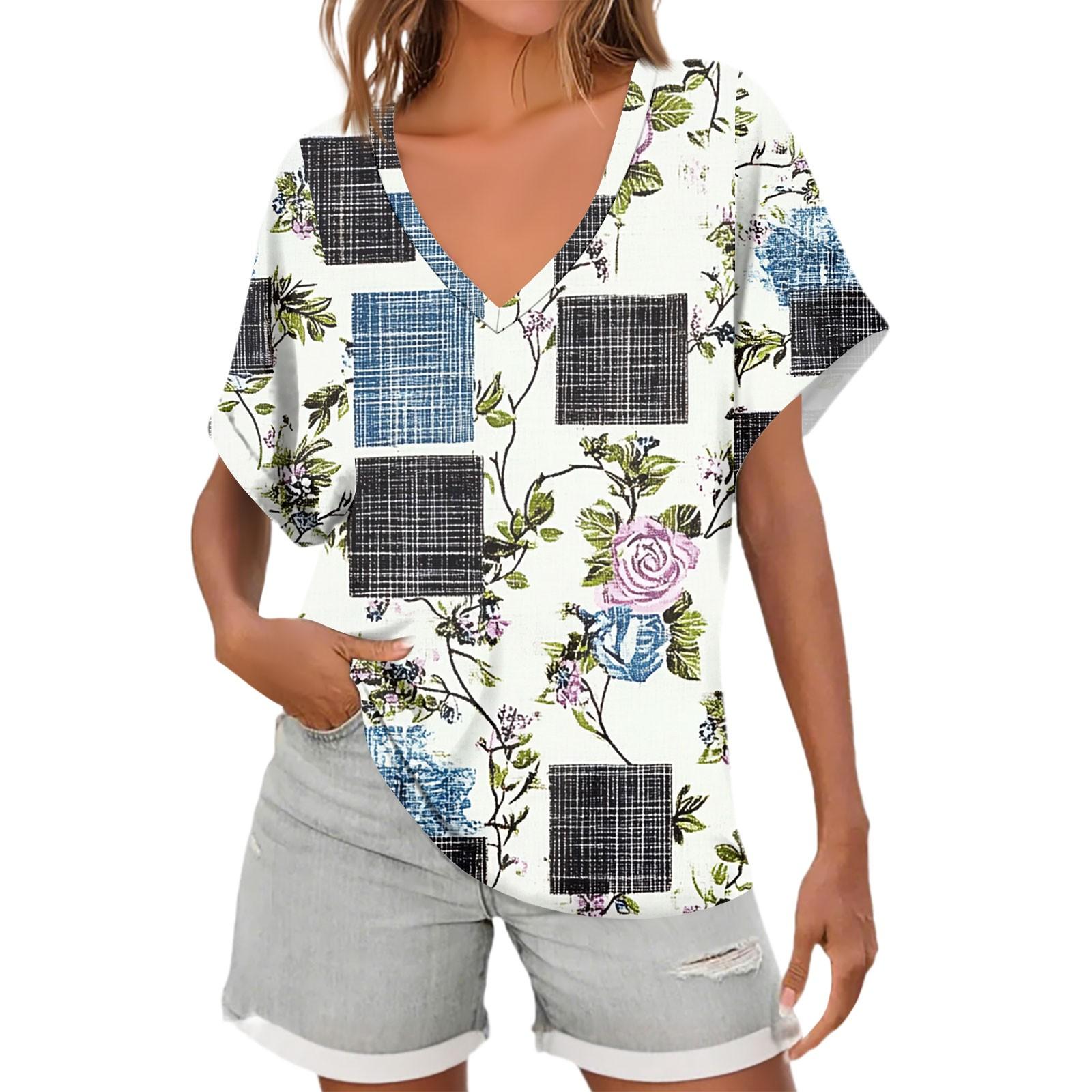 

Женские рубашки с коротким рукавом и V-образным вырезом, с цветочным принтом, свободные повседневные футболки, летние топы L синий