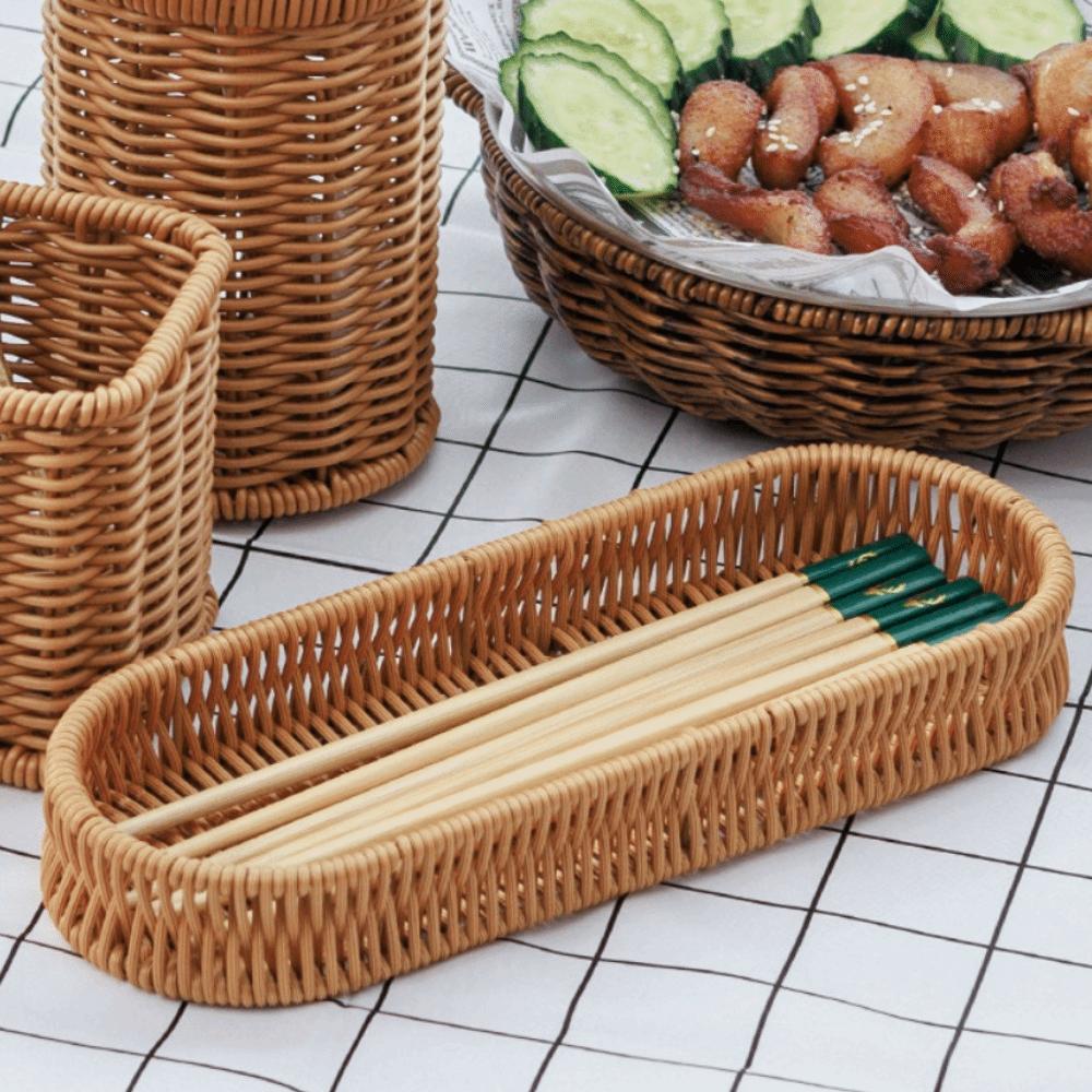 Oval Shape Tableware Storage Basket Retro Desk Shelf Baskets Faux Wicker Tray Dining Room
