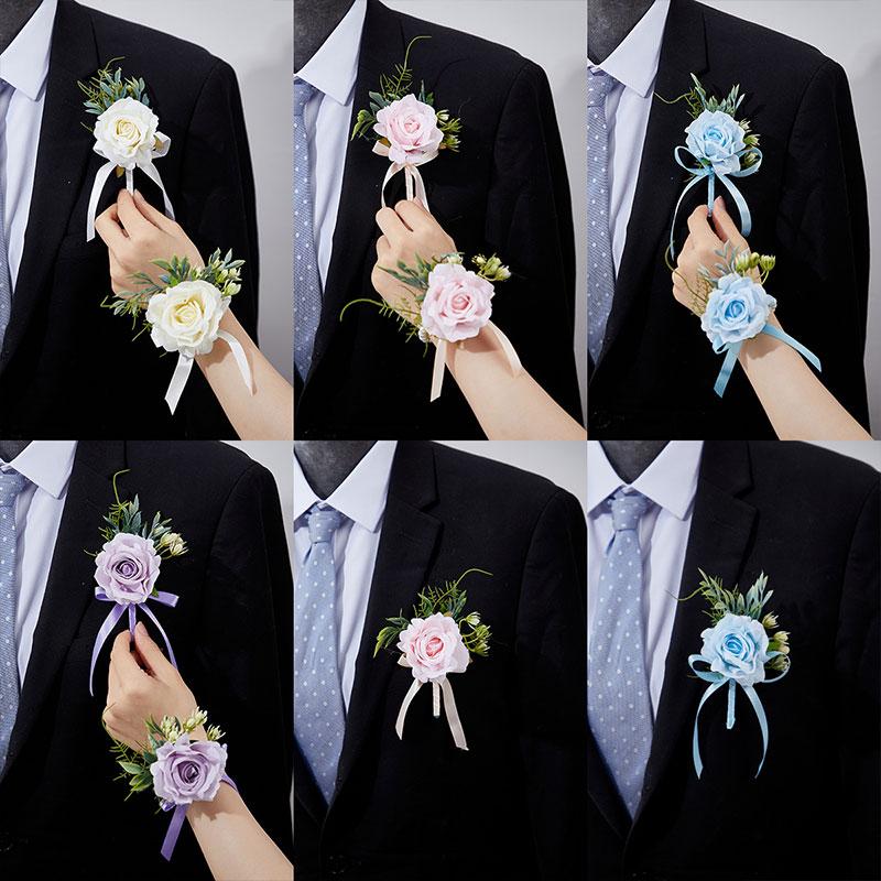 1 pz Fiore Artificiale Accessori Matrimonio Corsage da Polso Bottoniera Matrimonio Braccialetti per Damigelle Rose di Seta