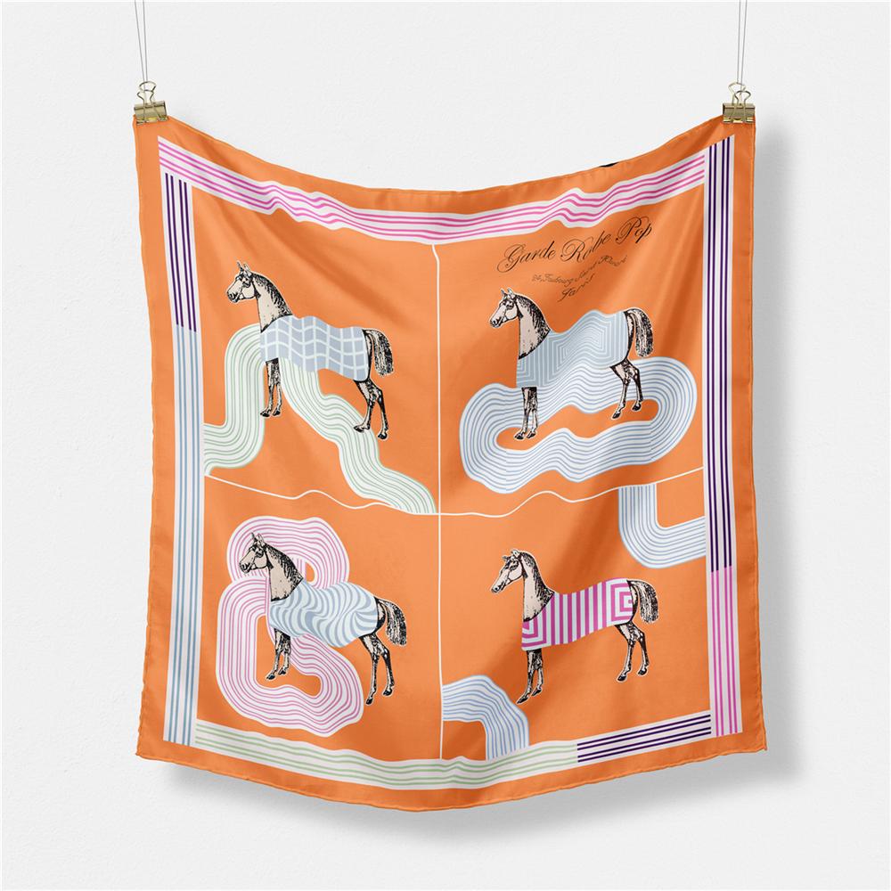 Twill Silk Scarf Woman Tassel Horse Print Square Scarves Wraps Bandana Small Hijab Silk Foulards Lady Tie Headband Neckerchief