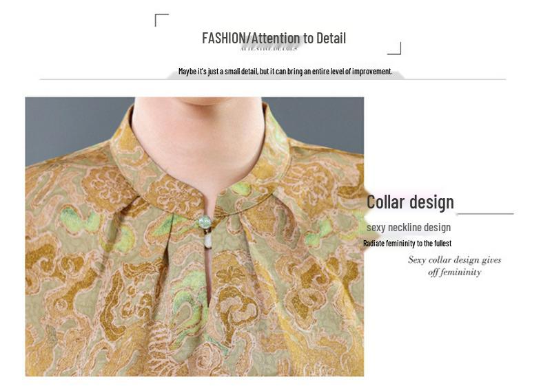 Women's Summer Stand Collar Jacquard Short Sleeve Shirt – Stylish, Comfortable Top with National Style