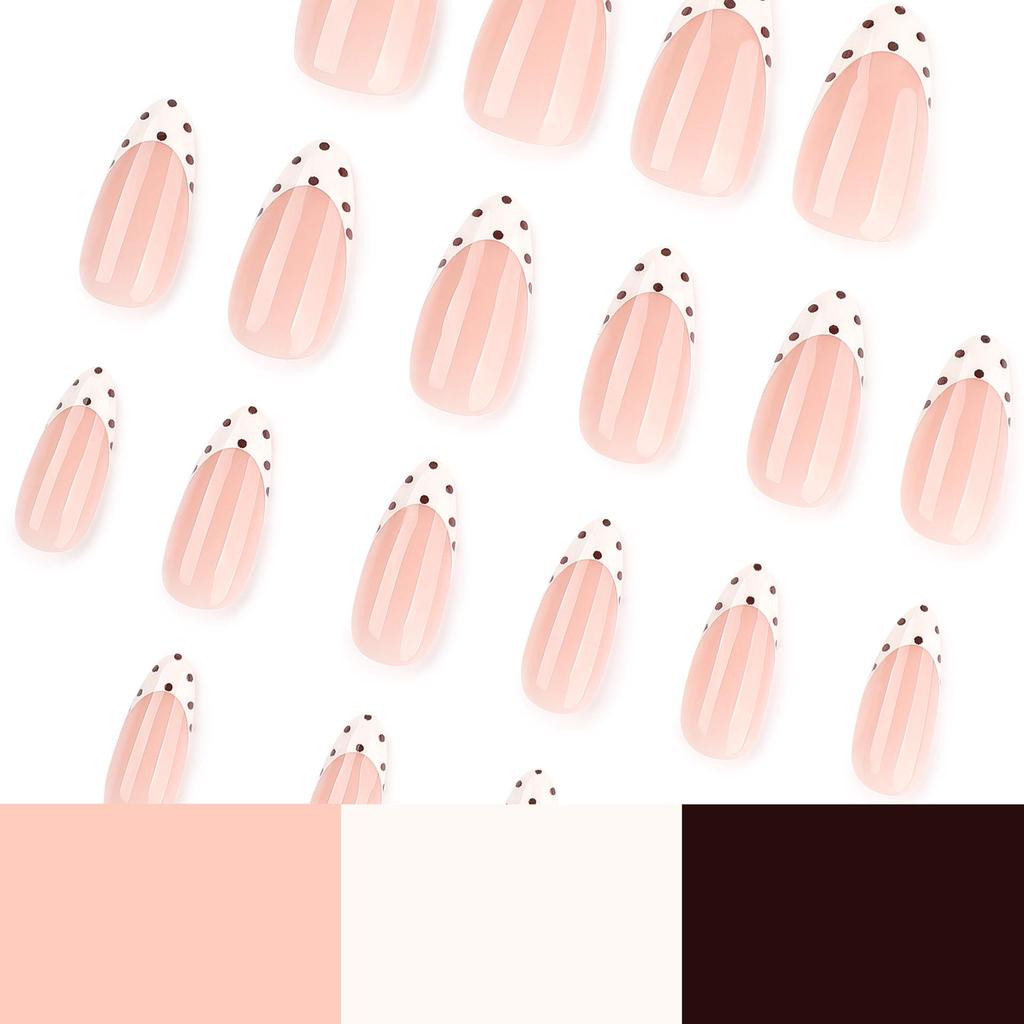 Le Fan Simple French White Almond Wearable Nails with Black Polka Dot Art.