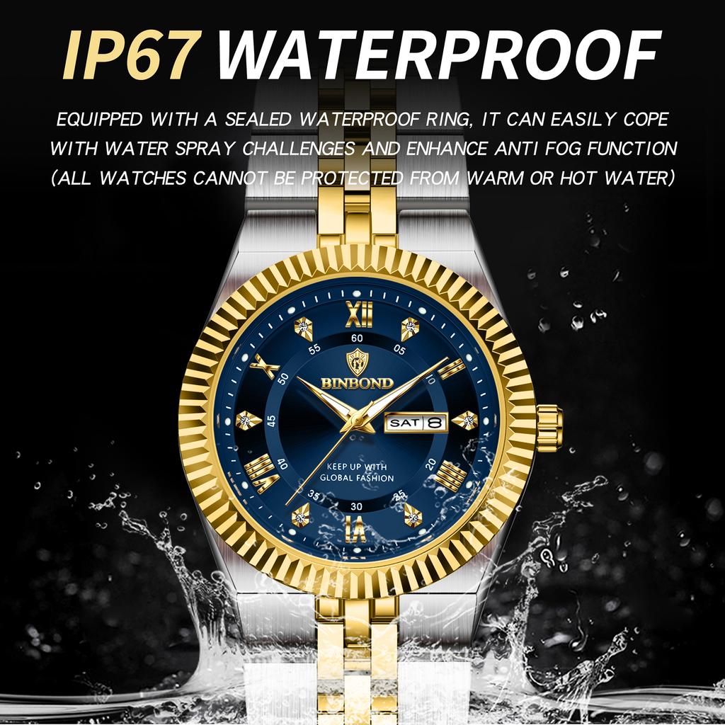 BINBOND Precise Quartz Watches For Men Week Display Auto Date Stainless Steel Luminous Waterproof Men's Watch Luxury Reloj