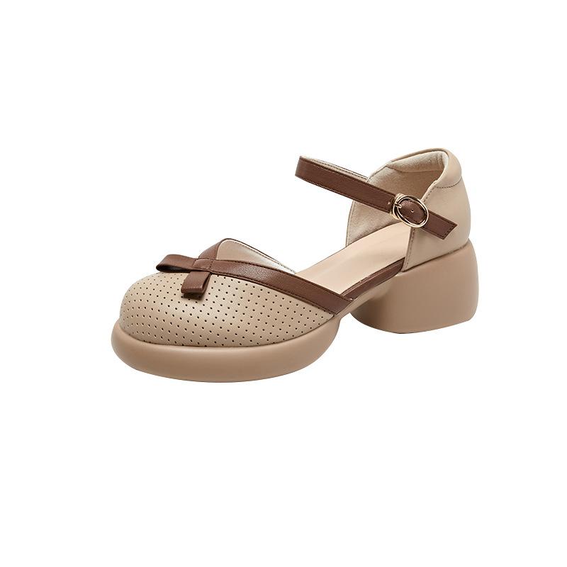 Neue Ledersandalen Damen Koreanische Version Ein-Wort-Sandalen mit Taschenkopf Kinder Innenhöhenerhöhung Retro Casual Einzelne Schuhe Damen