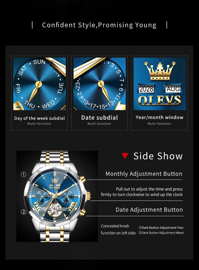 OLEVS 6619 Original Hollowed Automatic Watch Fashion Diamond Shaped Glass Skeleton Multifunctional Mechanical Wristwatch for Men