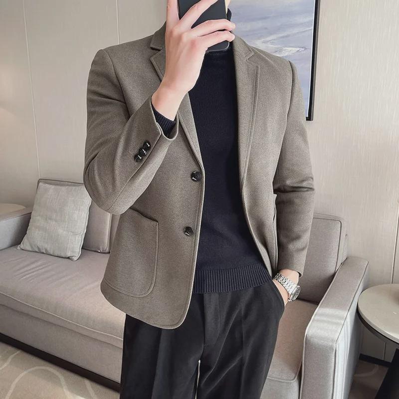 Men's Slim Woolen Casual Suit Jacket - Korean & British Style for Spring/Autumn