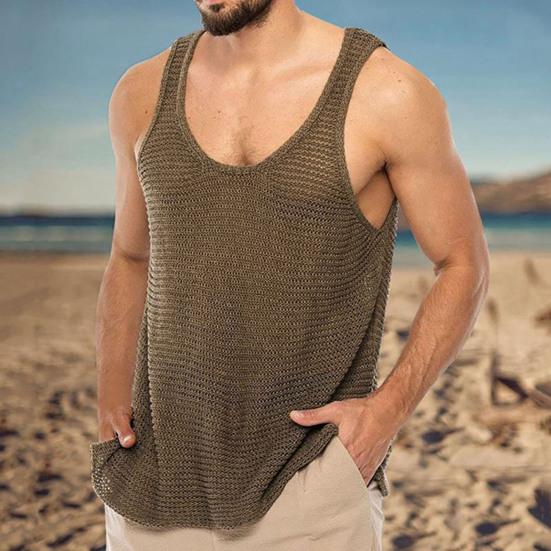 Canotta da uomo tinta unita scollo a U tipo largo lavorata a maglia super traspirante top estivi abbigliamento quotidiano
