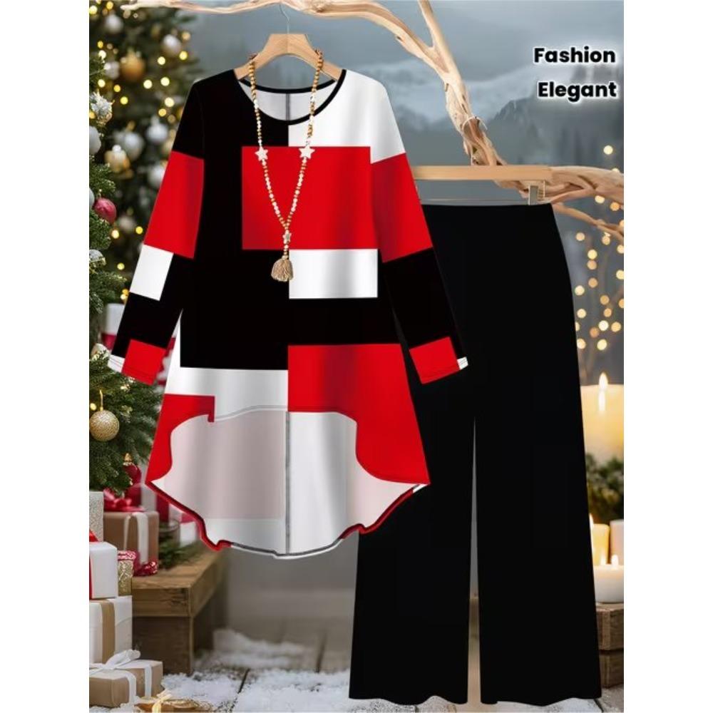 Floral Print Two Piece Outfit Women Long Sleeve Irregular Hem Tunic Top Wide Leg Pants Casual Matching Set