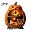 Halloween Cobweb Decorations Centerpiece Pumpkin, Wooden Pumpkin Ornament with Miniature Scenes, Rustic Scenes Skeleton for Farmhouse Home Table