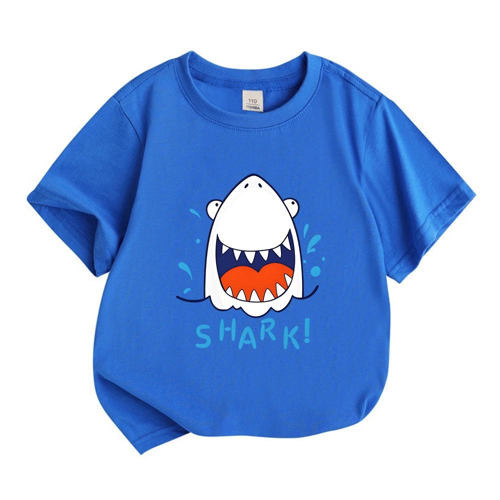 Kids Boys Girls 100% Cotton Crew Neck Short Sleeve T-Shirt, Cute Cartoon Laughing Shark Pattern Casual Summer Soft Breathable Tees for Daily Wear Holi